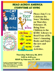 Graphic of Dr. Seuss KYRC Feb 2013 Storytime flyer