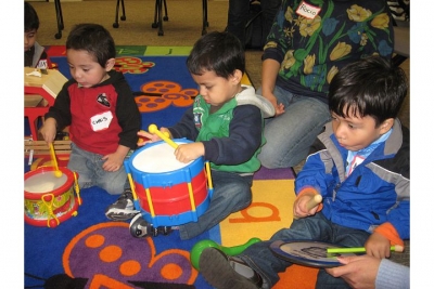 young children explore music during Lanterman's playgroup